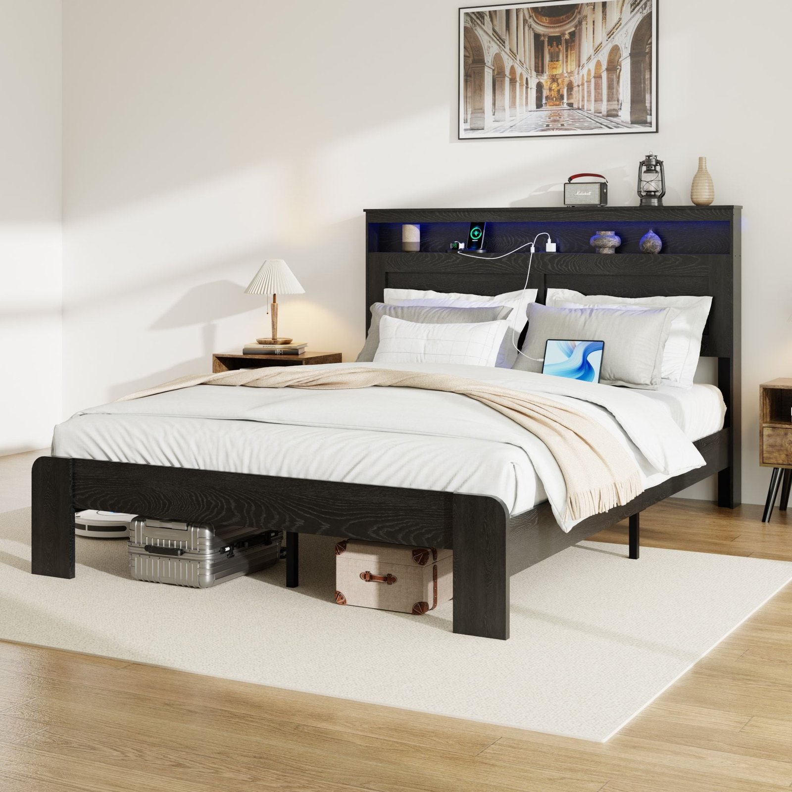 dark black queen size wood platform bed frame led headboard 2 usb noise free no box spring needed easy assembly large storage