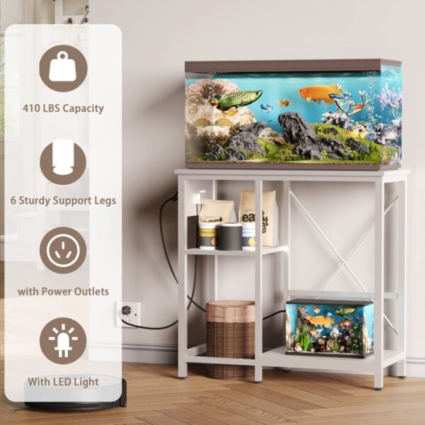 0 29 gallon fish tank stand with power outlet & led light, metal aquarium stand with 3 tier adjustable storage shelves, white