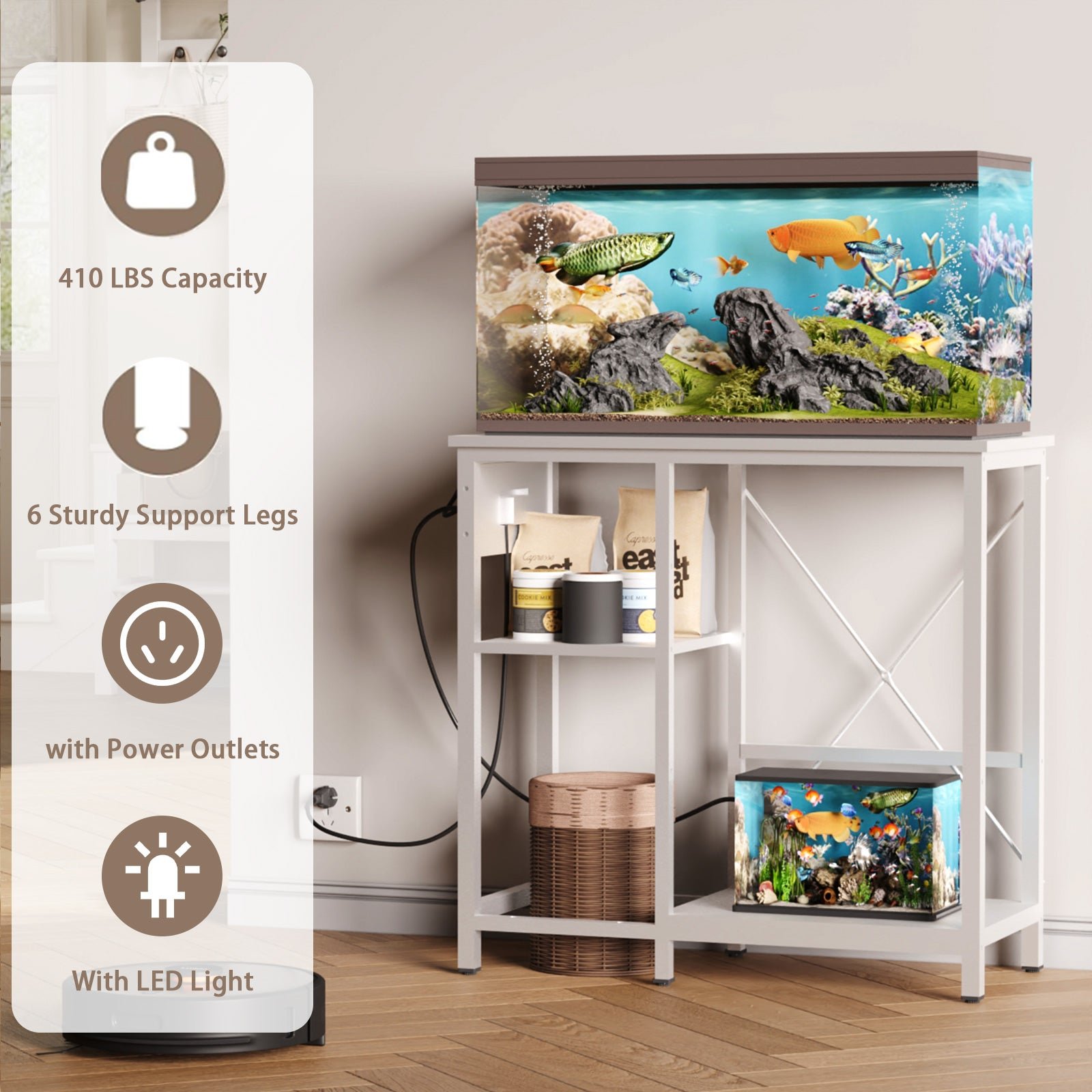 0 29 gallon fish tank stand with power outlet & led light, metal aquarium stand with 3 tier adjustable storage shelves, white