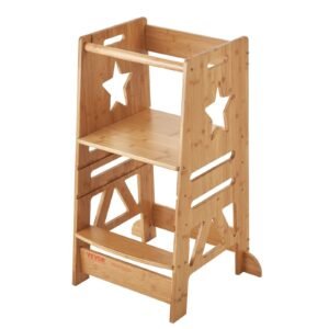 3 level height adjustable bamboo kids tower step stool 350lbs safety rail for learning & standing for kitchen bathroom & counter