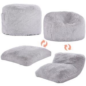 full size convertible grey bean bag chair bed washable cover with fluffy plush foam filling and side pocket for adults