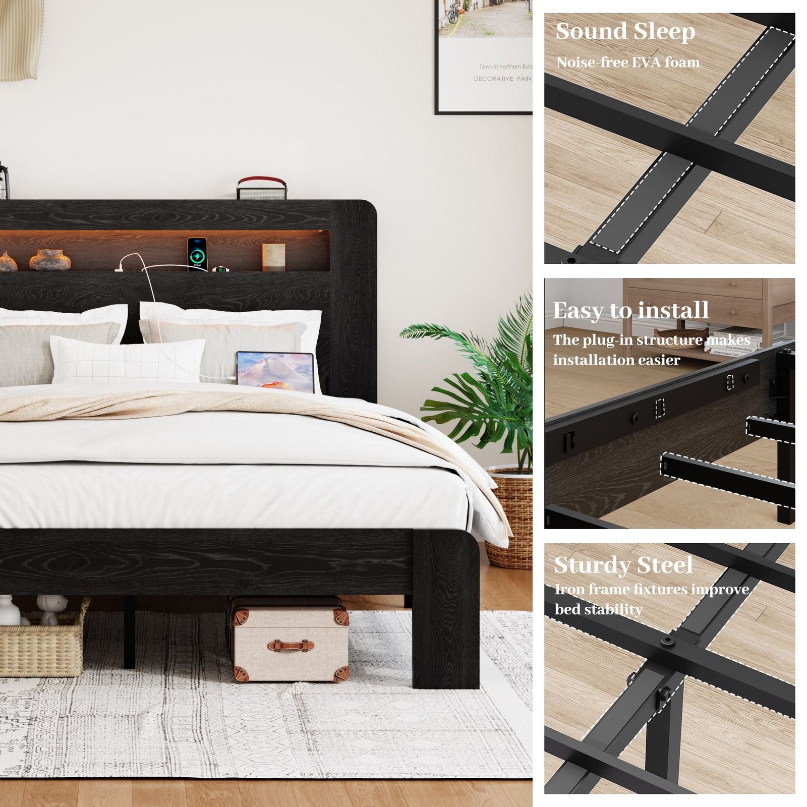 dark black king size wood platform bed frame led headboard noise free 2 usb storage no box spring needed easy assembly tool