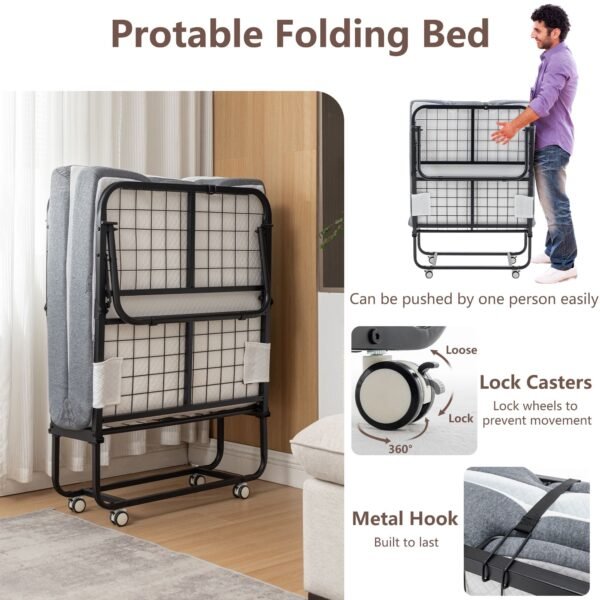 portable 75 in. x 31 in. metal frame rollaway bed with memory foam mattress & wheels 31 in. folding bed