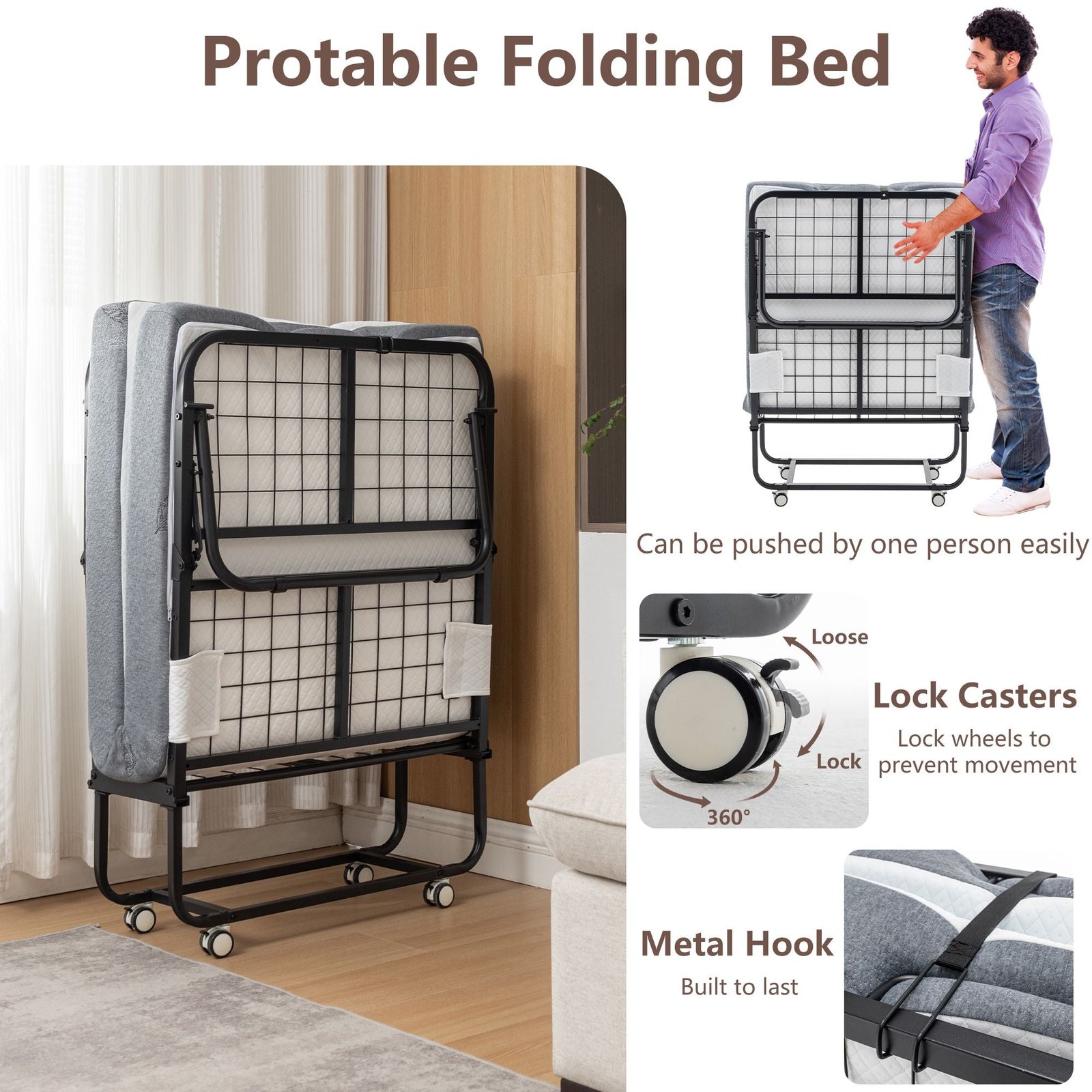 portable 75 in. x 31 in. metal frame rollaway bed with memory foam mattress & wheels 31 in. folding bed