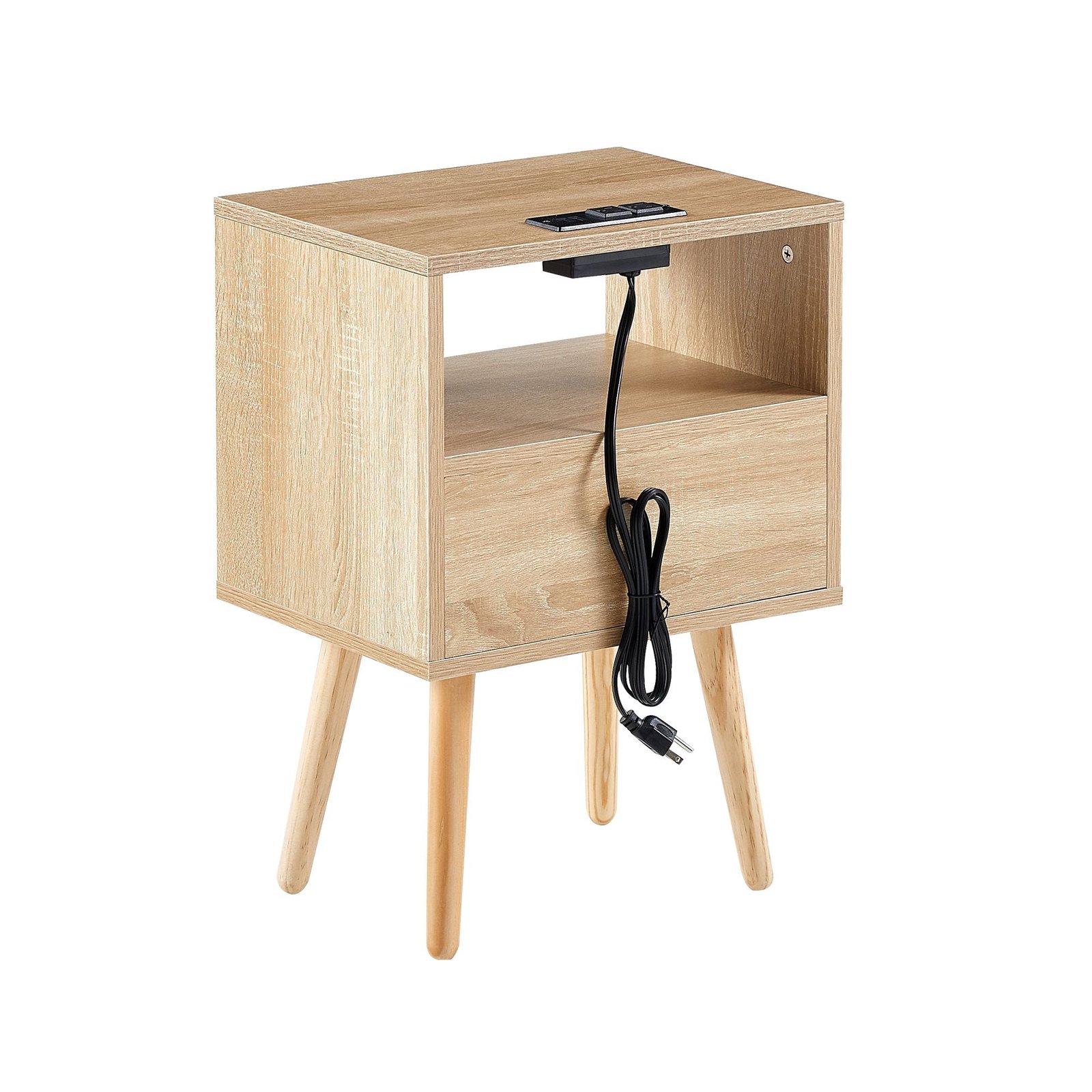 15.75" modern solid wood rattan end table with power outlet usb ports nightstand drawer side table for living room bedroom