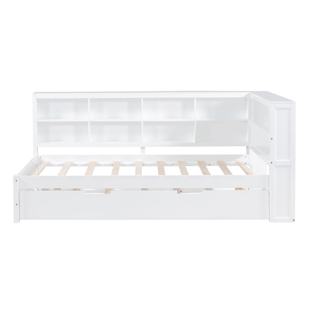 wooden twin size daybed with twin trundle, daybed with storage shelf and usb charging ports,white