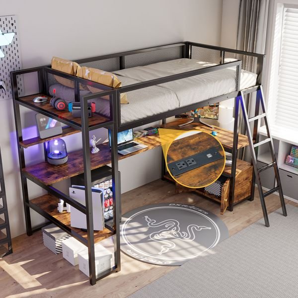 black twin size metal loft bed with built in work station & led multiple storage features