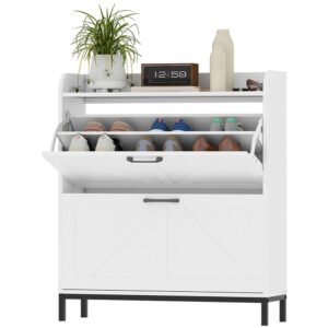 12 pairs two flip drawers steel legs shoe cabinet white shoe rack