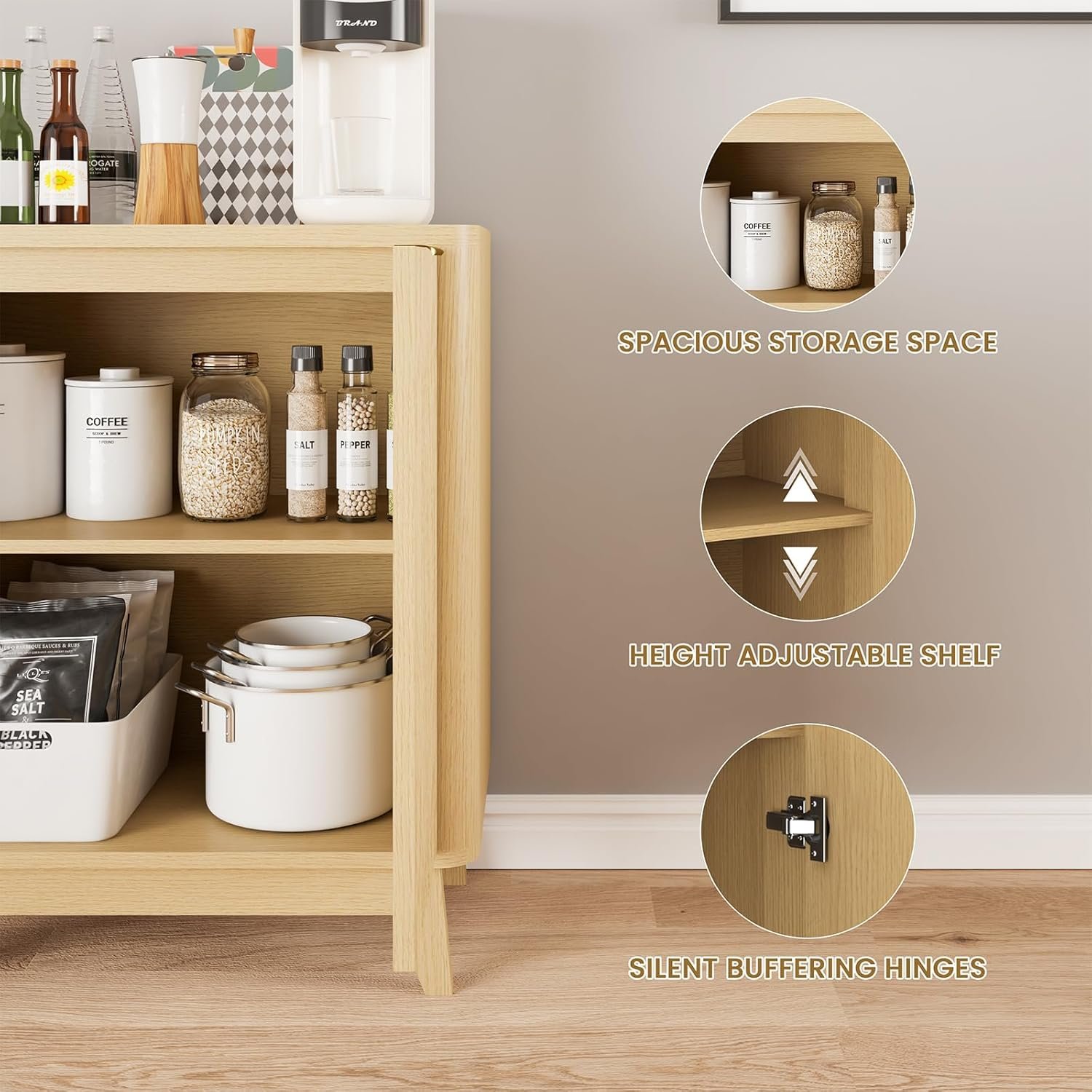2 door fluted sideboard buffet adjustable shelf natural oak aesthetic curved design credenza storage cabinet for living room