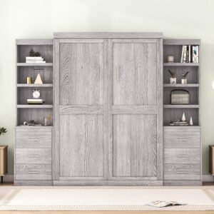 gray full size murphy bed with practical storage drawers and shelves