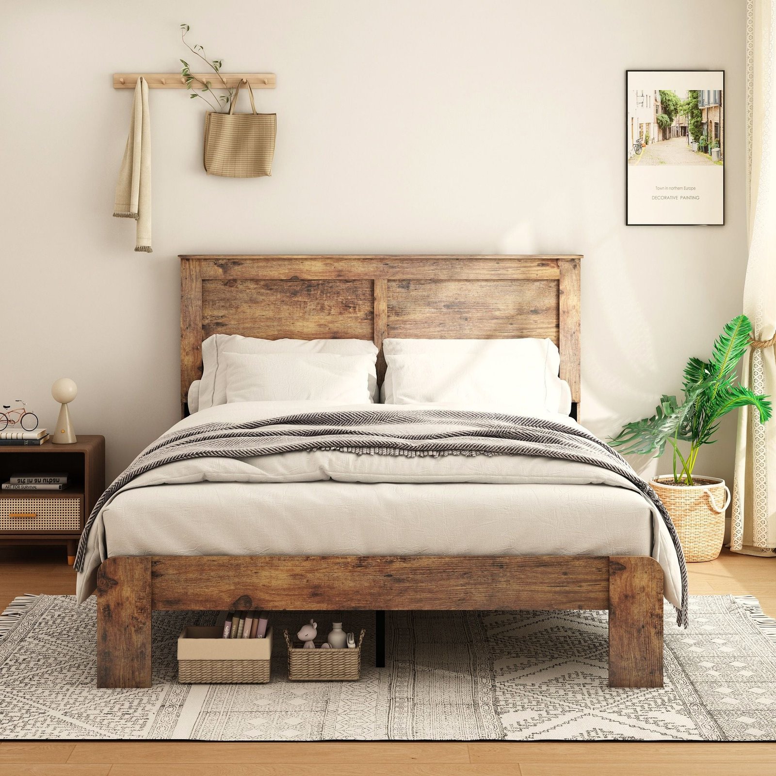 dark brown king size wood platform bed frame noise free with large storage easy assembly without box spring needed