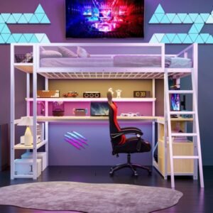 white twin size metal loft bed with built in work station & led multiple storage for home or office