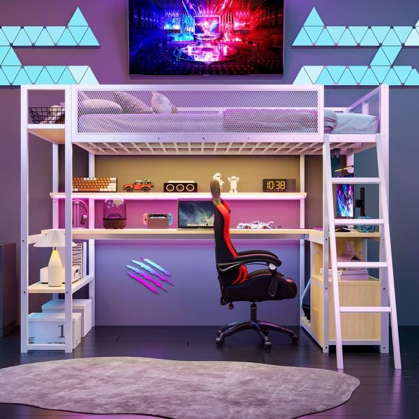 white twin size metal loft bed with built in work station & led multiple storage for home or office