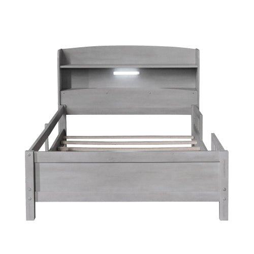 fcj contemporary twin size platform bed with led light storage headboard guardrail antique grey made of metal