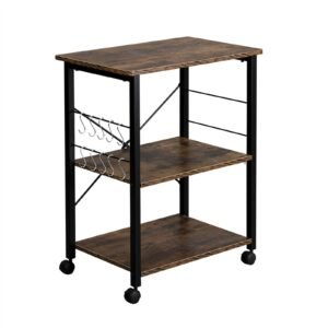 3 tier vintage wood utility storage rack black metal frame 10 hooks 4 wheels rolling baker kitchen microwave stand for kitchen