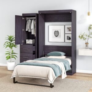 gray twin size murphy bed with wardrobe and drawers foldable storage cabinet