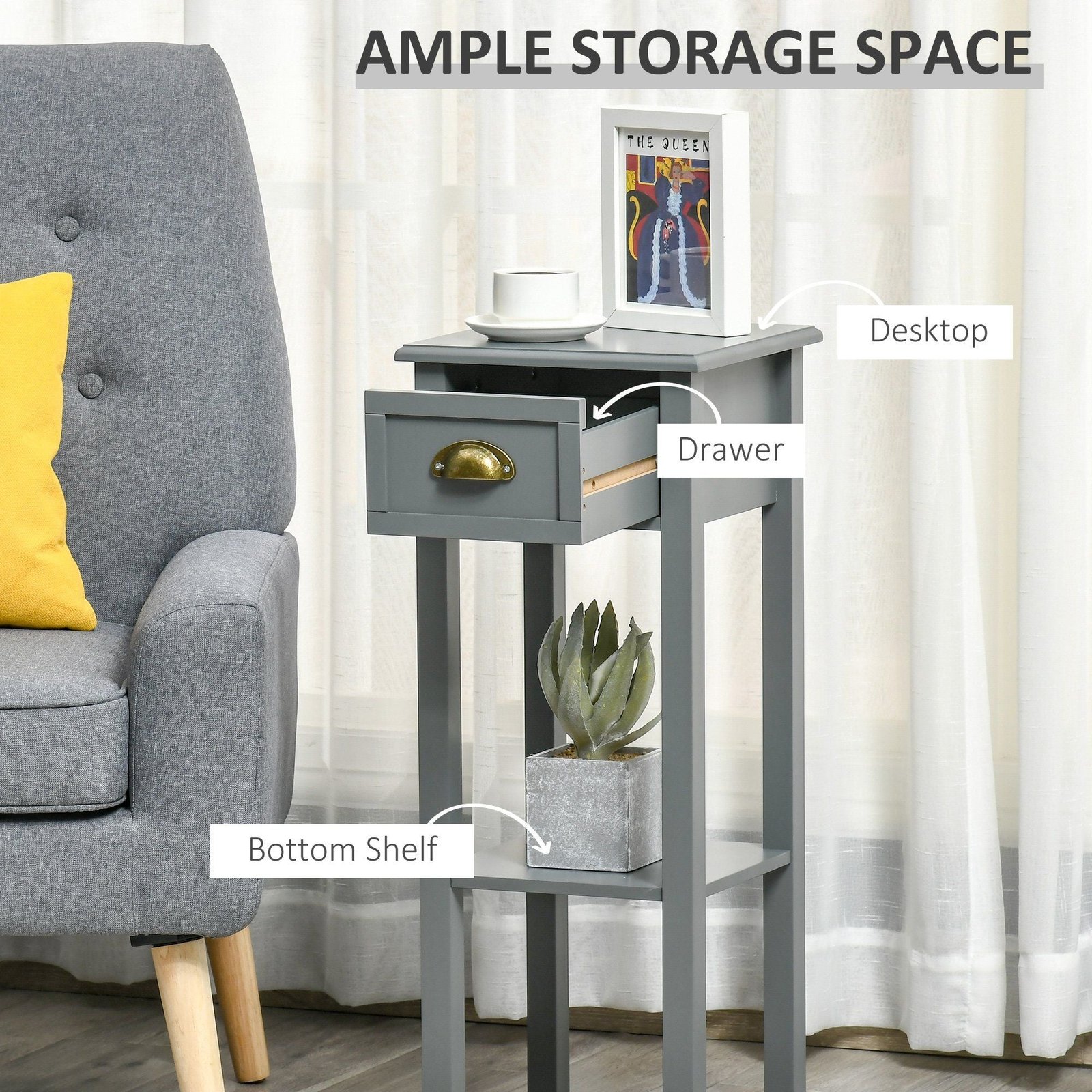 2 tier gray tall side table with drawer bottom shelf narrow accent night stand space saving for living room bedroom