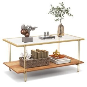 2 tiers rectangle glass coffee table with white and gold steel frame elegant and stylish design
