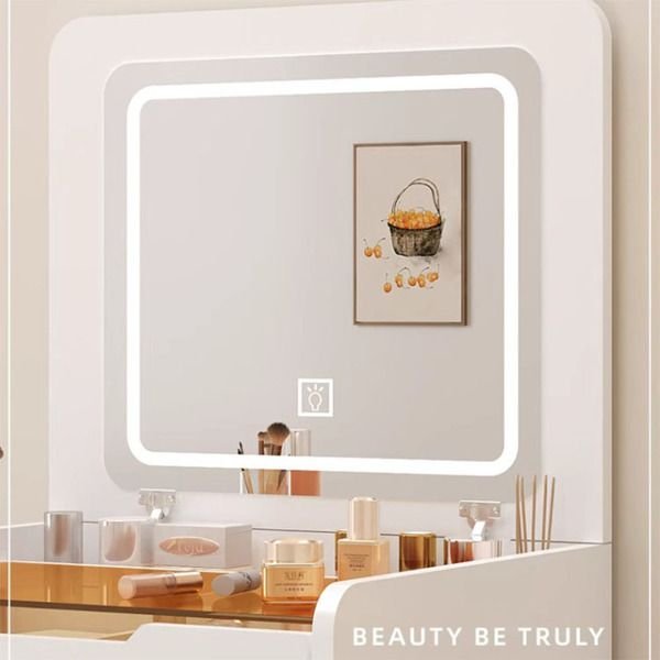3 in 1 small bedroom makeup vanity set flip mirror light 3 color lighting visible glass tabletop 3 drawer storage bench for