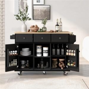 black kitchen island 5 wheels 3 drawers cabinet door internal storage racks rubber wood kitchen cart kitchen islands carts