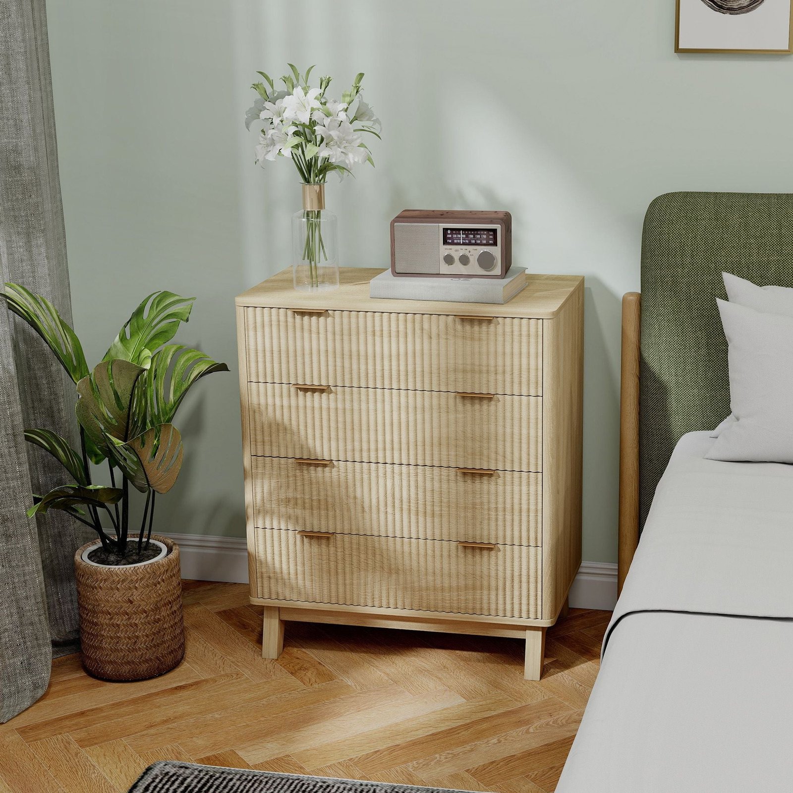 4 drawer double dresser for bedroom, fluted chest of drawers with gold finger pulls and 4 wood legs, natural wood