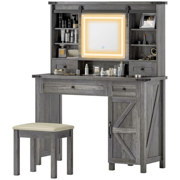gray vanity desk set with comfortable cushioned stool storage drawer cabinet shelves for bedroom features mirror and lights