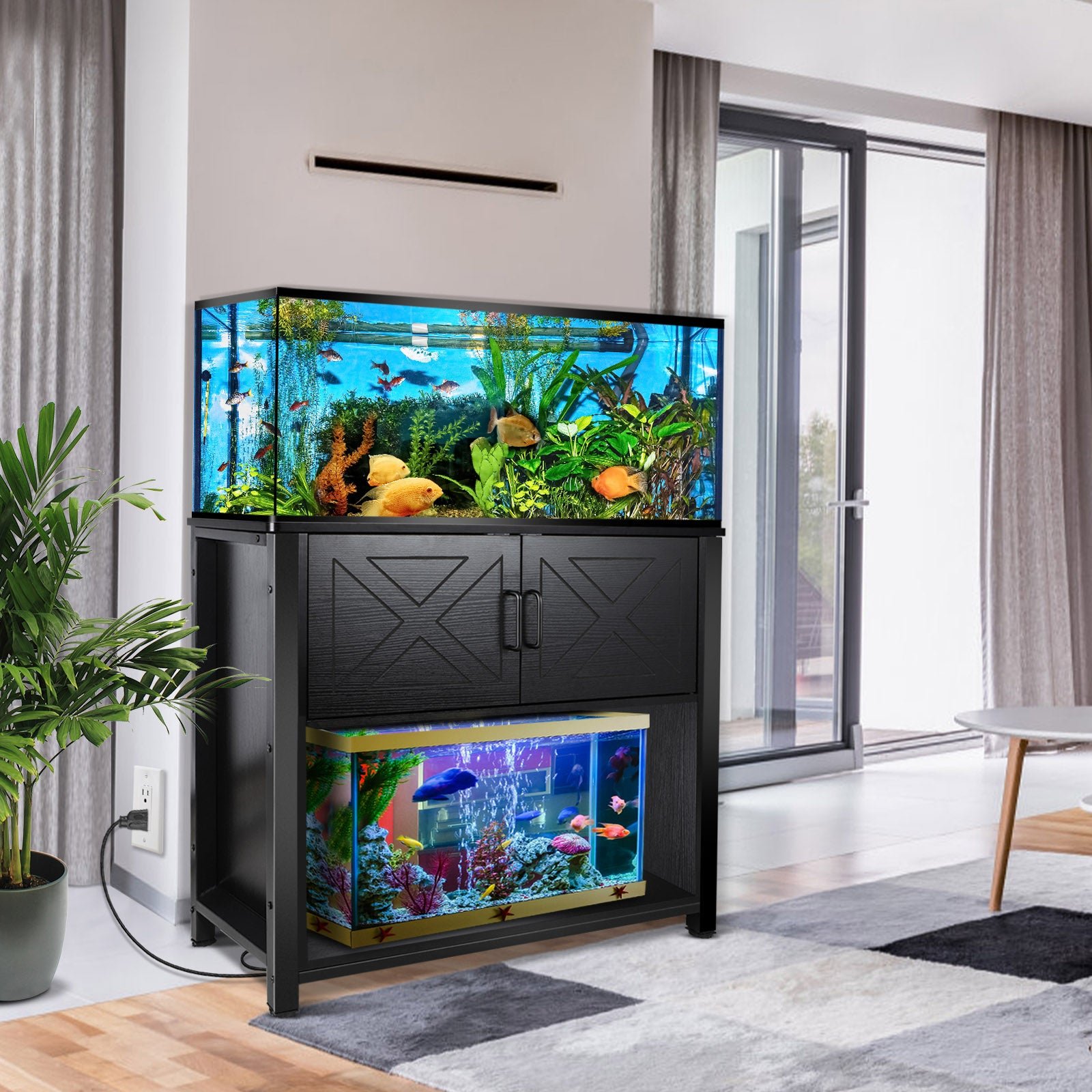 40 gallon tank stand with cabinet and power outlets, heavy duty metal aquarium stand for 40 50 gallon breeder tank, black