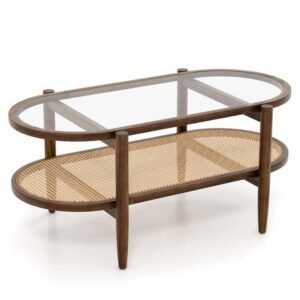 2 tier coffee table with acacia wood frame and tempered glass top premium design for home decor