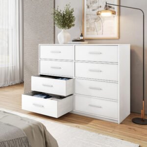 8 drawer dresser with large fabric drawers, white