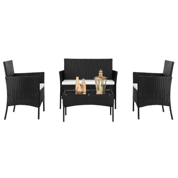 2pcs black rattan arm chairs & 1pc love seat with tempered glass coffee table set for living room