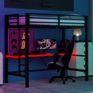 twin size gaming metal loft bed frame with led light, usb charge station and desk,black