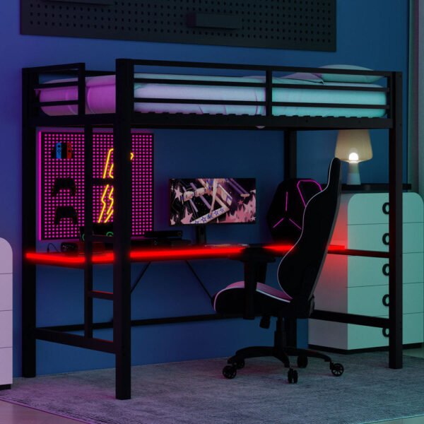 twin size gaming metal loft bed frame with led light, usb charge station and desk,black