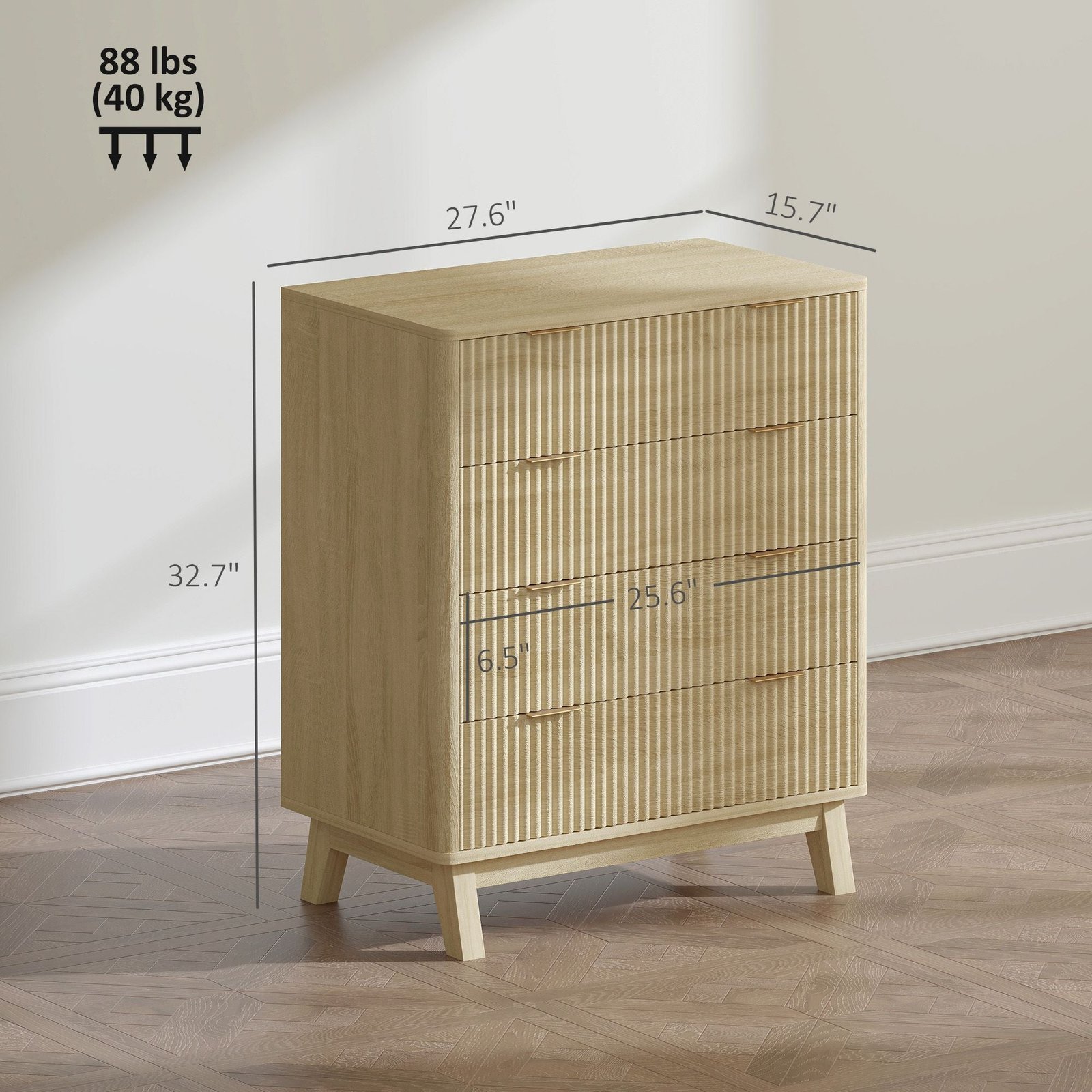 4 drawer double dresser for bedroom, fluted chest of drawers with gold finger pulls and 4 wood legs, natural wood
