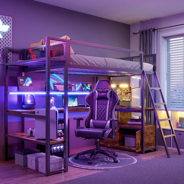 black twin size metal loft bed with built in work station & led multiple storage features