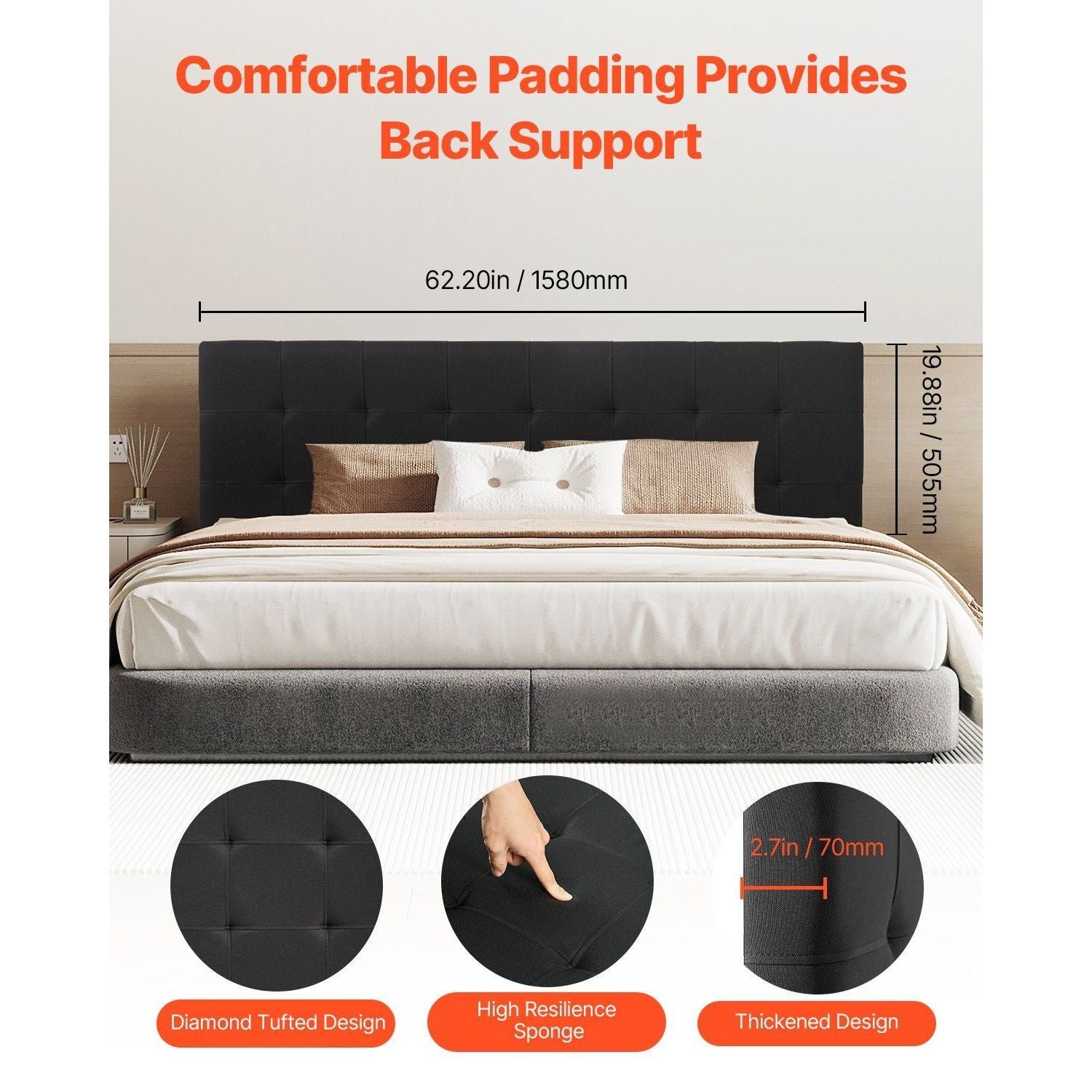 adjustable height comfortable diamond tufted queen size bed w62.2 x h(42.72 54.53) x d2.76 for bedroom dormitory murphy beds