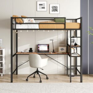 twin size loft bed with l shaped desk and shelves, charging station, led lights, safety guard & ladder, space saving