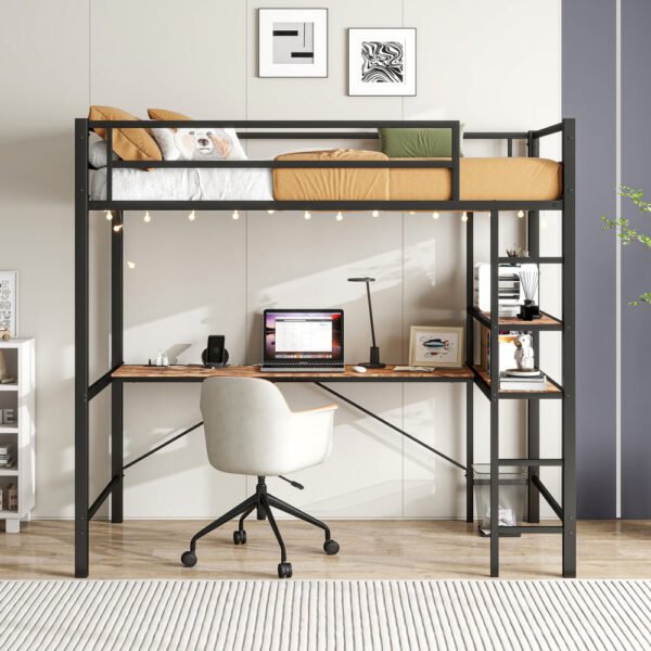 twin size loft bed with l shaped desk and shelves, charging station, led lights, safety guard & ladder, space saving