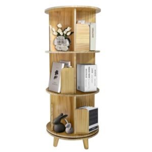 3 layer 360 rotation pine wood bookcase display rack and bookshelf
