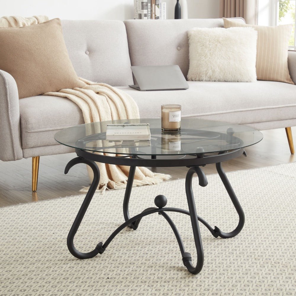 2 piece tempered glass surface coffee table set, decor coffee table round end side table with sturdy construction