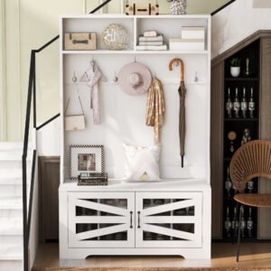 43.3'' entryway bench with coat rack, 3 in 1 design and adjustable shelves, hall tree with 7 hooks for entrance, living room