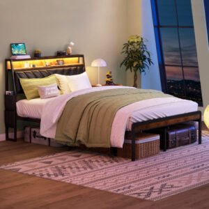 queen size platform bed frame with 105 degree tilted upholstered headboard, charging station, led lights, noiseless