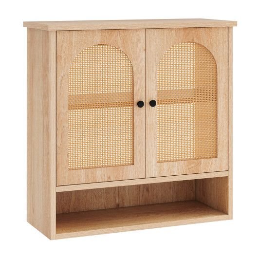 adjustable shelf bathroom wall cabinet with pe rattan doors functional furniture for your bathroom