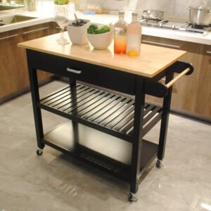 kitchen island cart, rolling trolley cart utility cabinet, with rubber wood top, easy clean with towel rack, one drawer