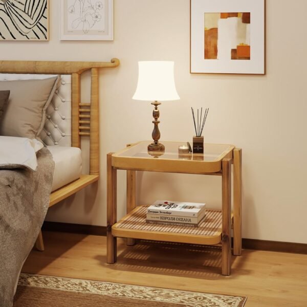 2 tier rattan end side table with tempered glass top and acacia wood legs for living room furniture