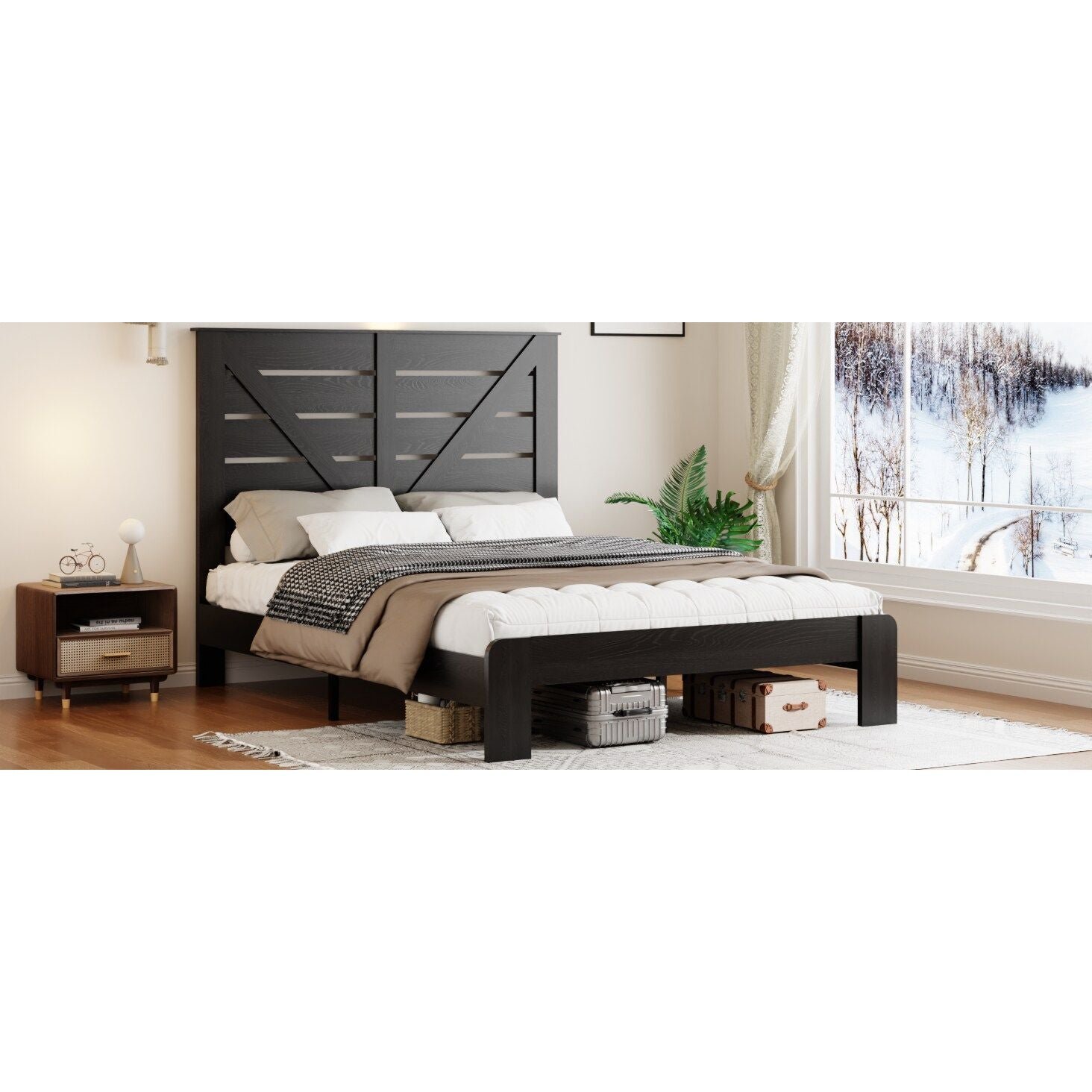black wood platform bed frame with noise free headboard easy assembly no box spring needed large bed storage