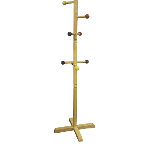 49.5" tall natural finish wooden coat rack for kids 8 colored metal pegs home furniture