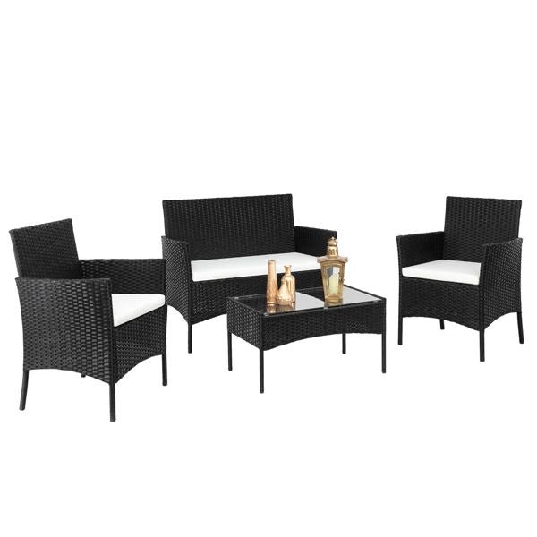 2pcs black rattan arm chairs & 1pc love seat with tempered glass coffee table set for living room