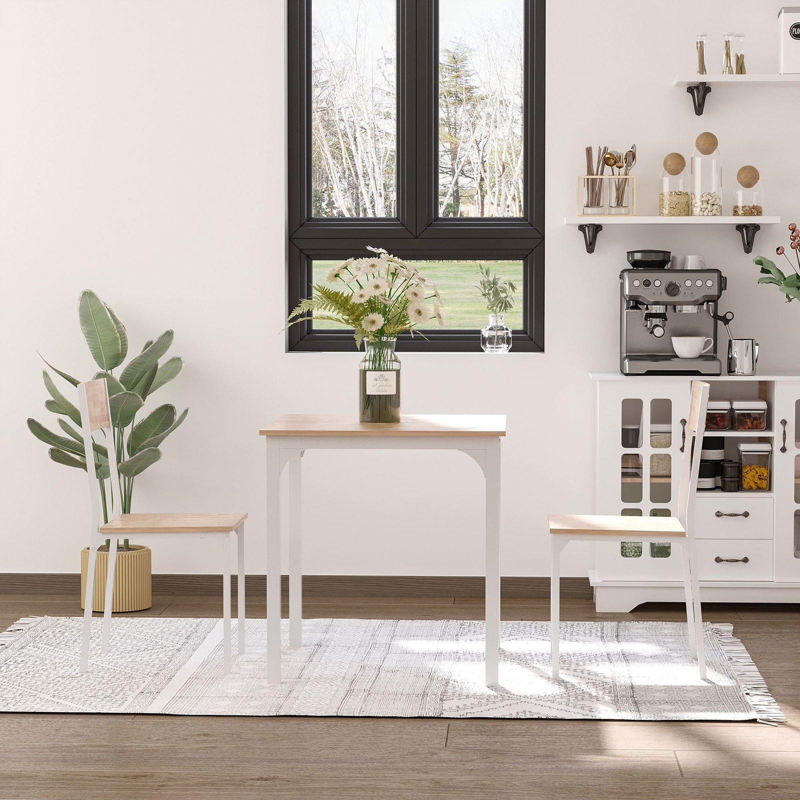 compact 3 piece dining set with wooden table and 2 oak chair seats metal frame for small dining spaces