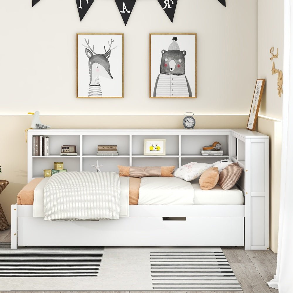 wooden twin size daybed with twin trundle, daybed with storage shelf and usb charging ports,white