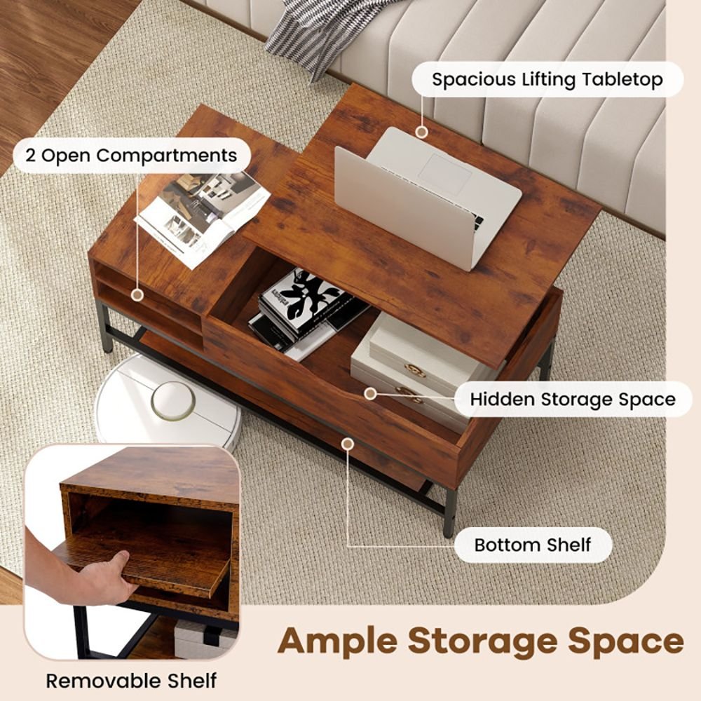 1pc lift top coffee table with hidden compartment and removable storage shelf